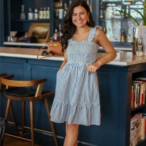 Shania Smocked Dress in Blue Shirting Stripe